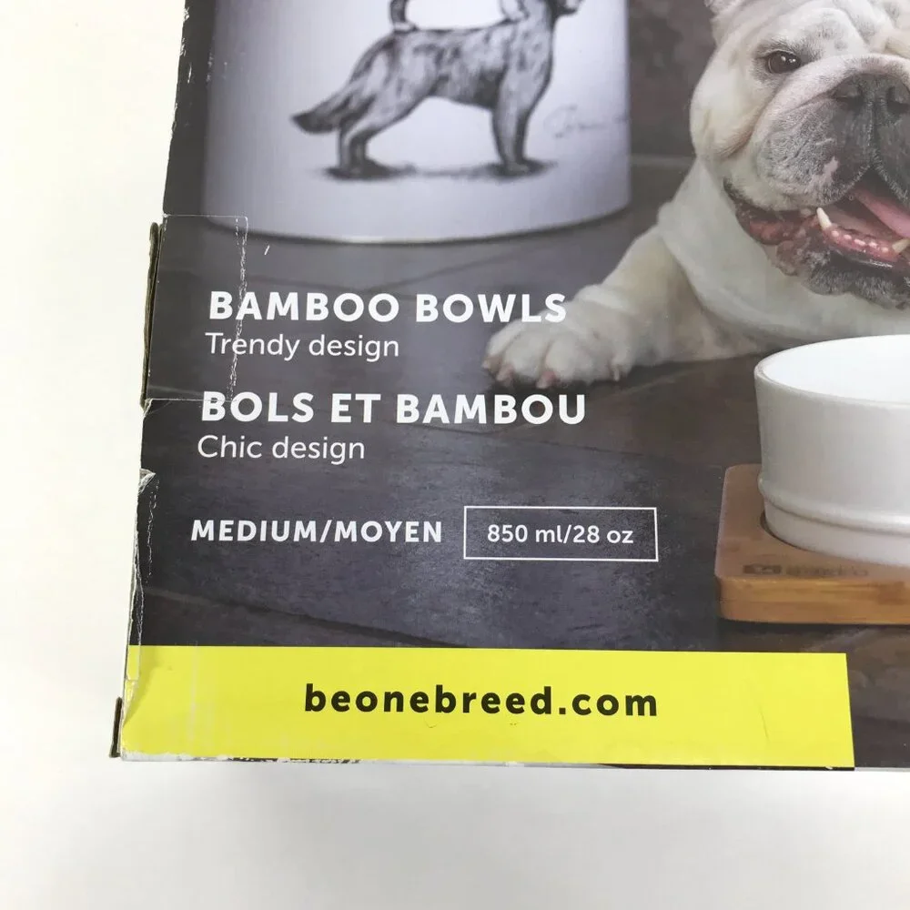 NEW Be One Breed Bamboo & Ceramic Bowl Set Size Medium White Feeder Pet Food